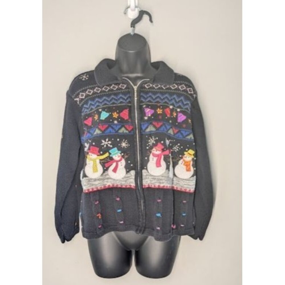 Vtg Designers Originals Studio Christmas Snowman Sweater Knit Full Zip Women's L